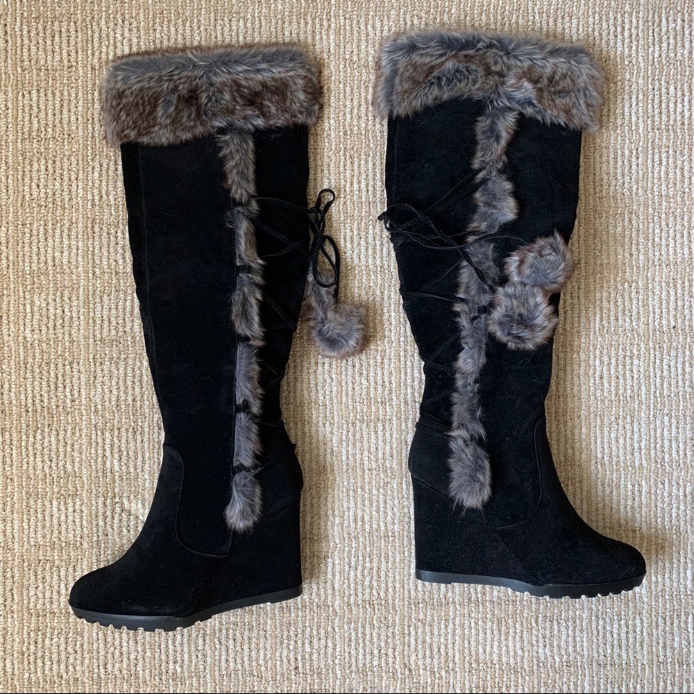 Shoe Dazzle Cynthia Faux Suede/Fur Boot Black 8.5